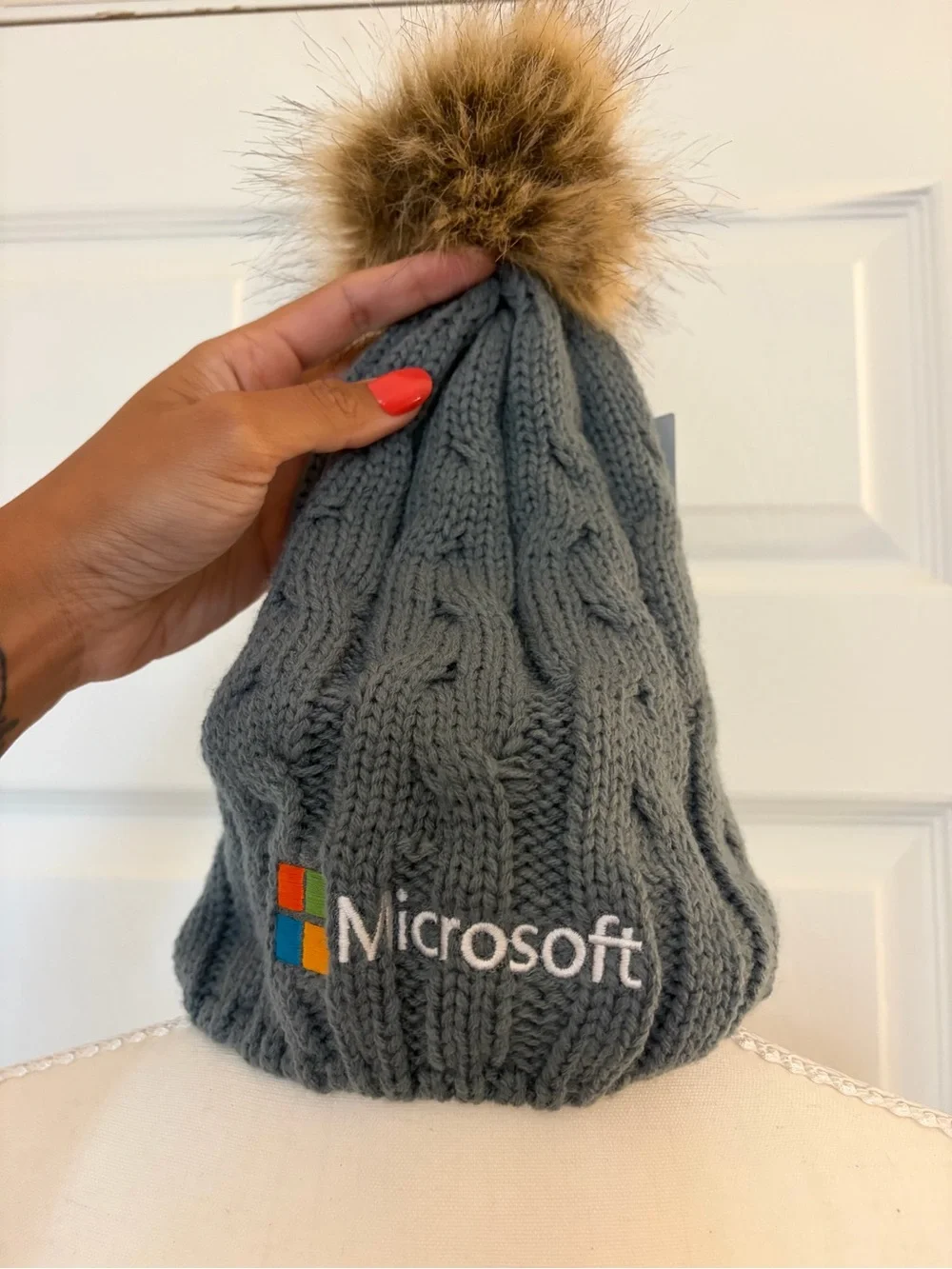 Microsoft Gray Cable Knit Beanie with Faux Fur Pom and Embroidered Logo